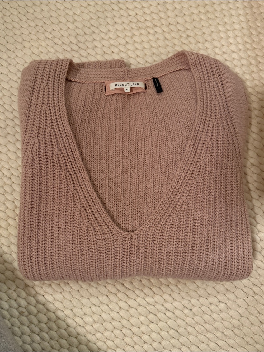 Helmut Lang V-Neck Ribbed Knit Sweater in Dusty Mauve